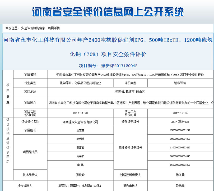 河南永丰化工科技安全状况评价