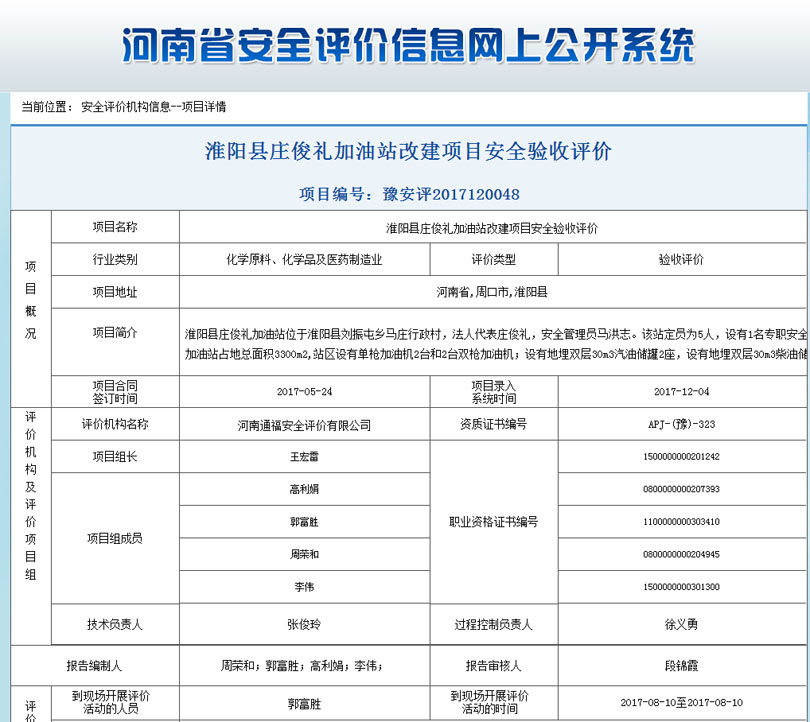 淮阳县庄俊礼加油站改建项目安全验收评价