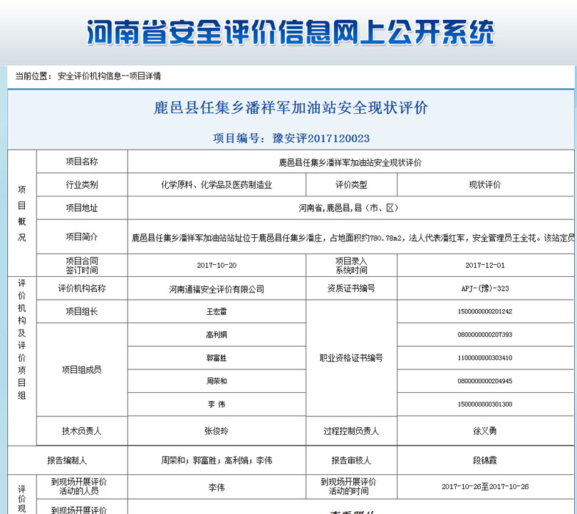 鹿邑任集乡加油站安全状况评价