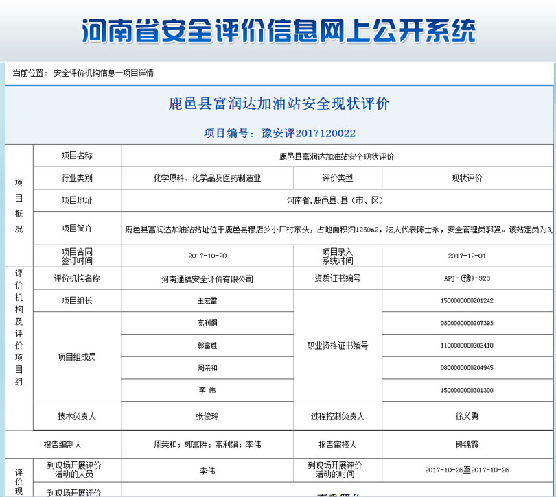 鹿邑润达加油站安全状况评价