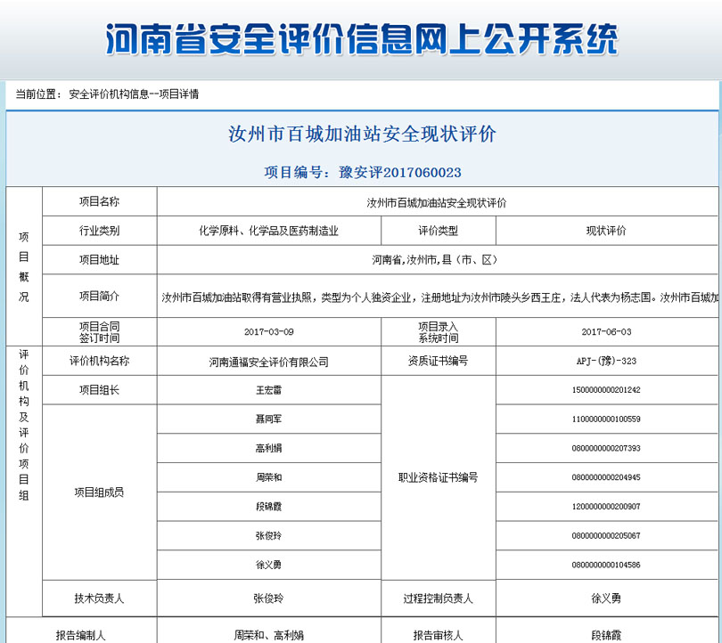 汝州市百城加油站安全状况评价