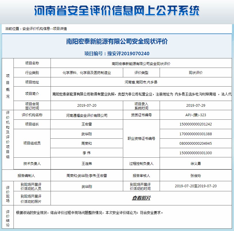 南阳宏泰新能源有限公司安全现状评价