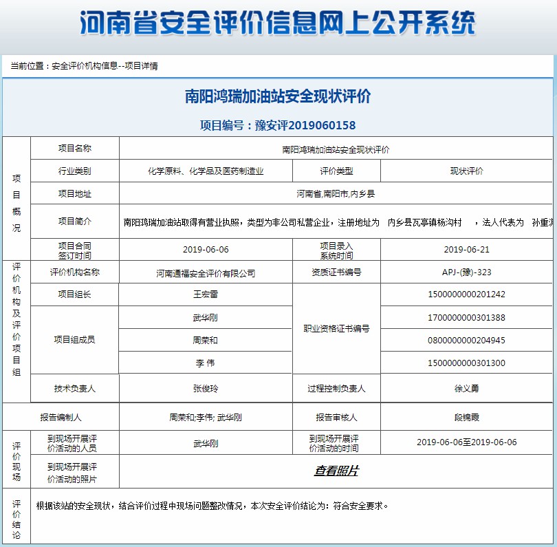 南阳鸿瑞加油站安全现状评价