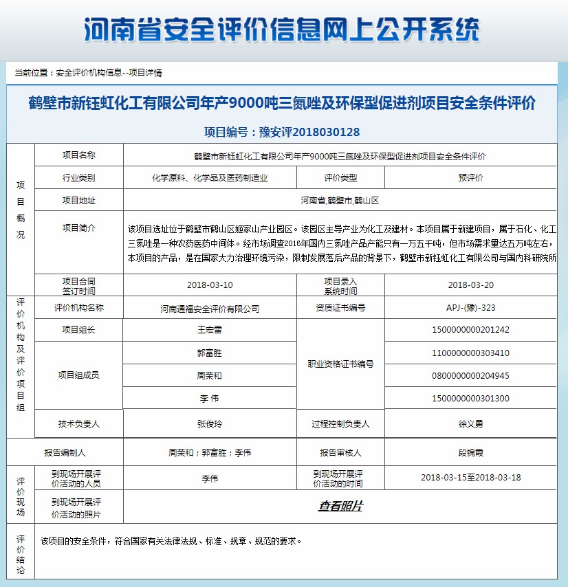 鹤壁市新钰虹化工有限公司项目安全条件评价