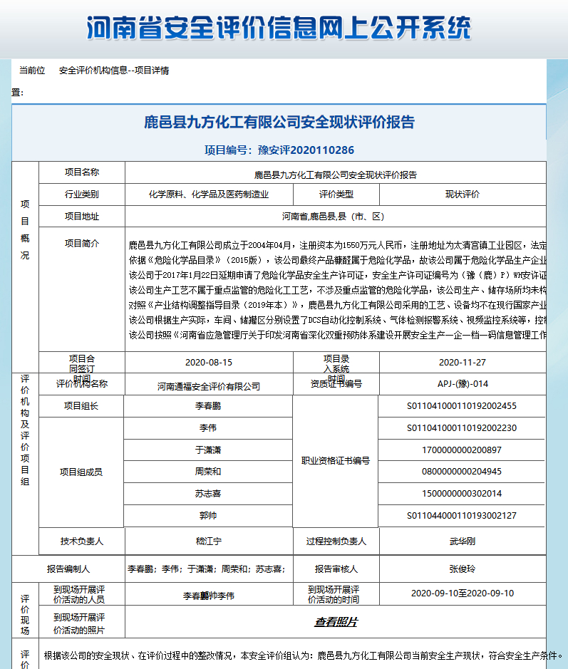 鹿邑县九方化工有限公司安全现状评价报告