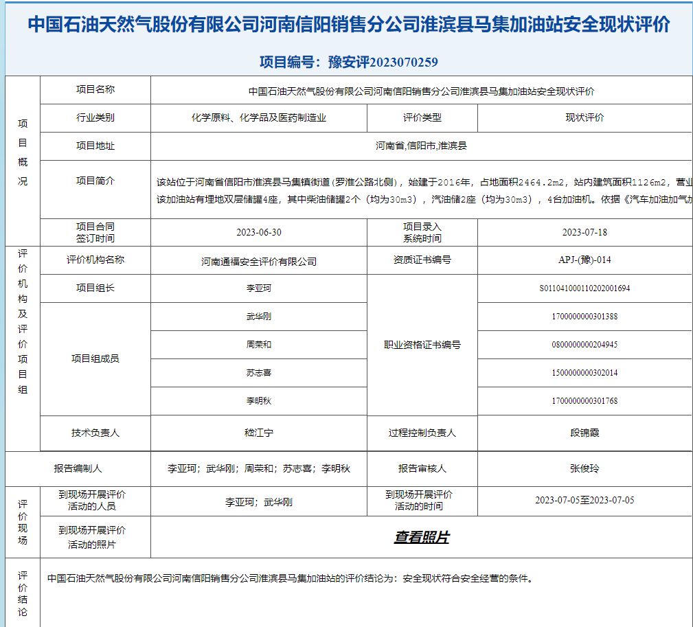 中国石油天然气股份有限公司河南信阳销售分公司淮滨县马集加油站安全现状评价